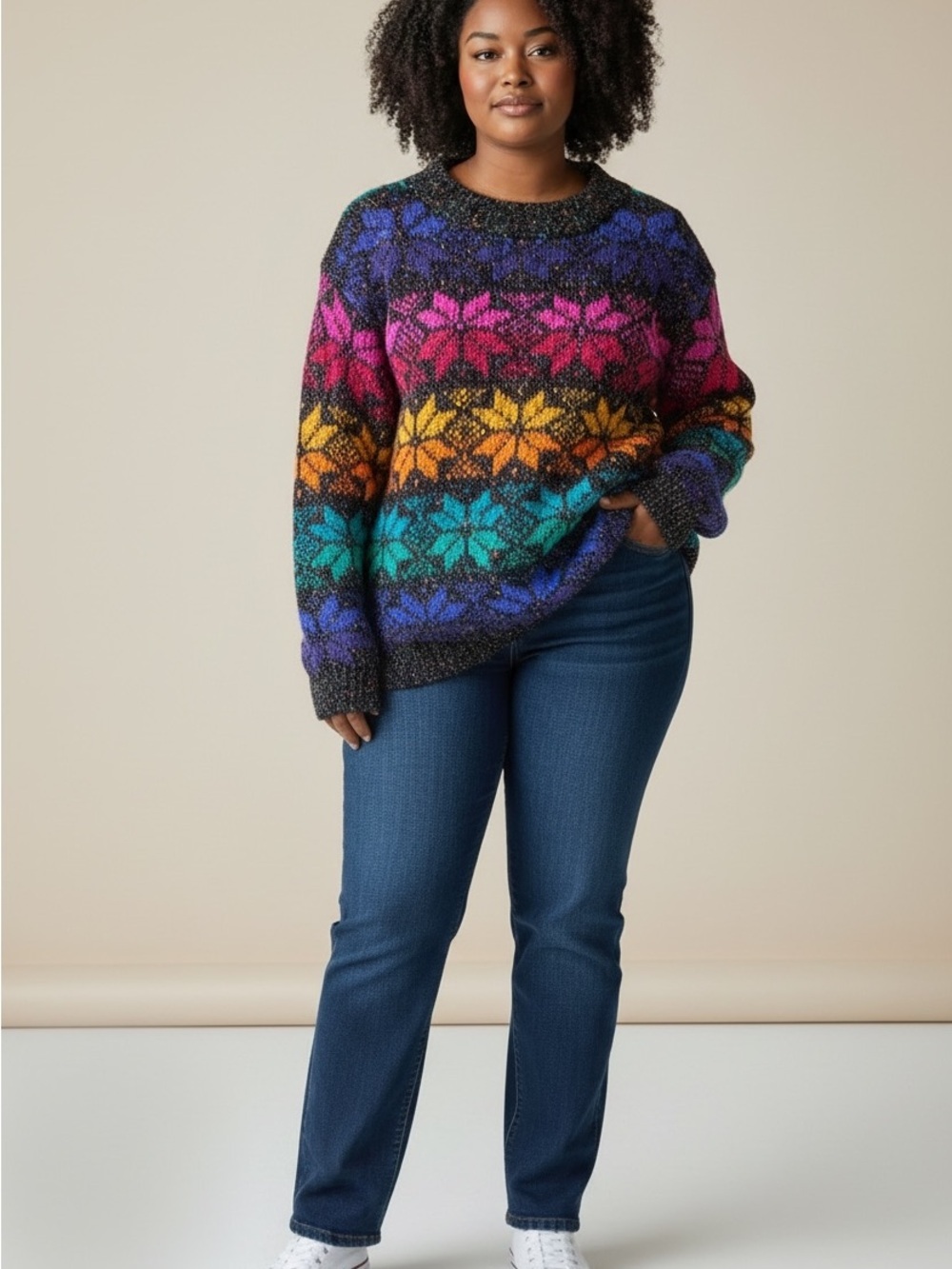 Barbara Sue Vintage  Multicolor Snowflake Crewneck Sweater in Brilliant Colours